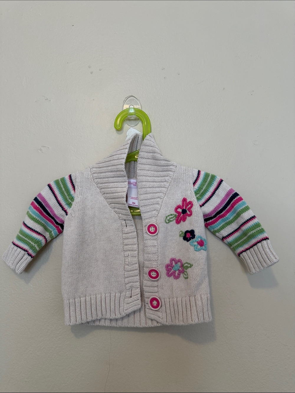 Cream Knit Girls Cardigan with Pink Buttons & Stripe Sleeves